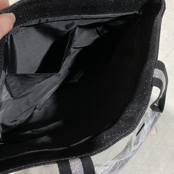 Victoria’s Secret Sparkling Black Canvas Tote Bag Silver Logo Shimmer Straps NWT - Picture 8 of 8